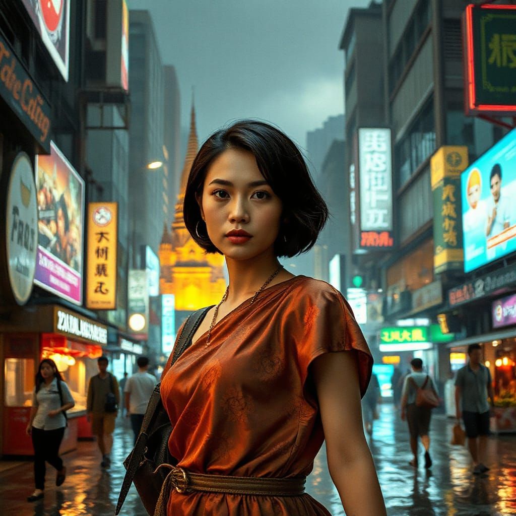 Thai Woman in Cyberpunk City with Time Portal