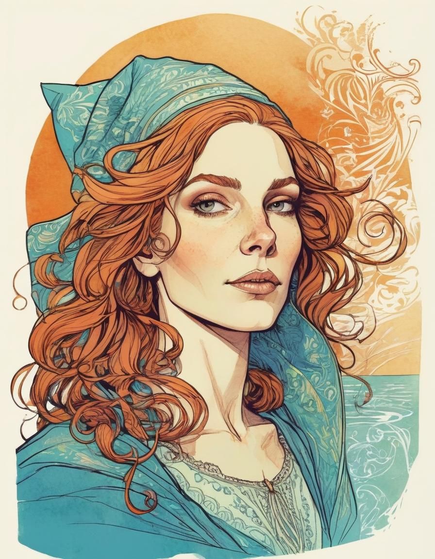 Female Wizard Casting Magic in Watercolor Line Art