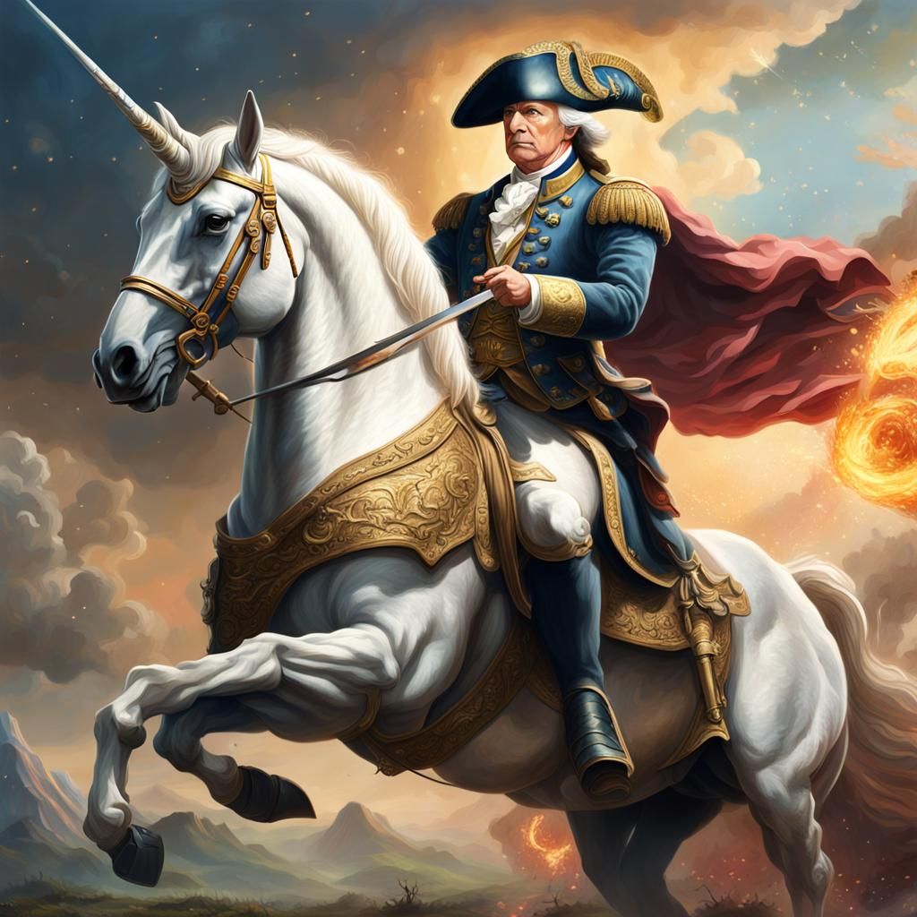 George Washington riding a unicorn into battle.