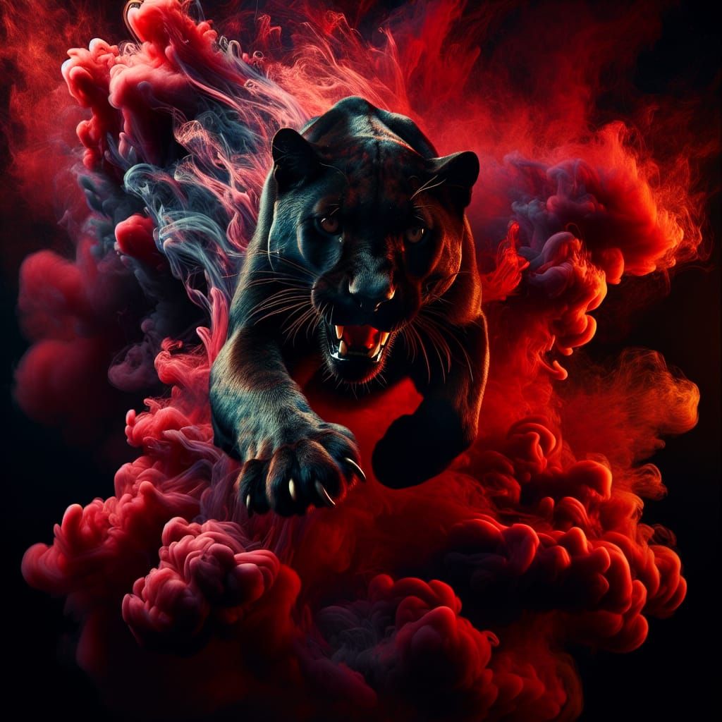 Panther Dashes Through Vibrant Red Smoke