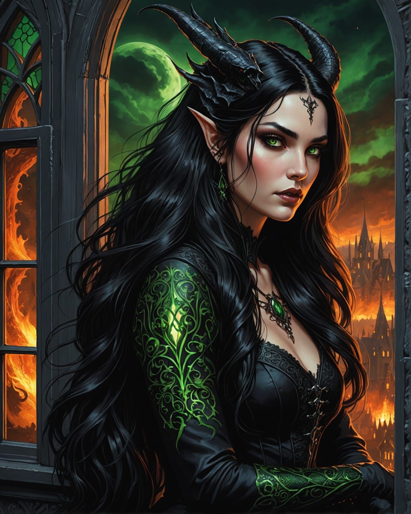 dragon queen battles a surreal magic battle  against a dark wizard dragons are flying in the backyard there is magical lights shooting  ever...