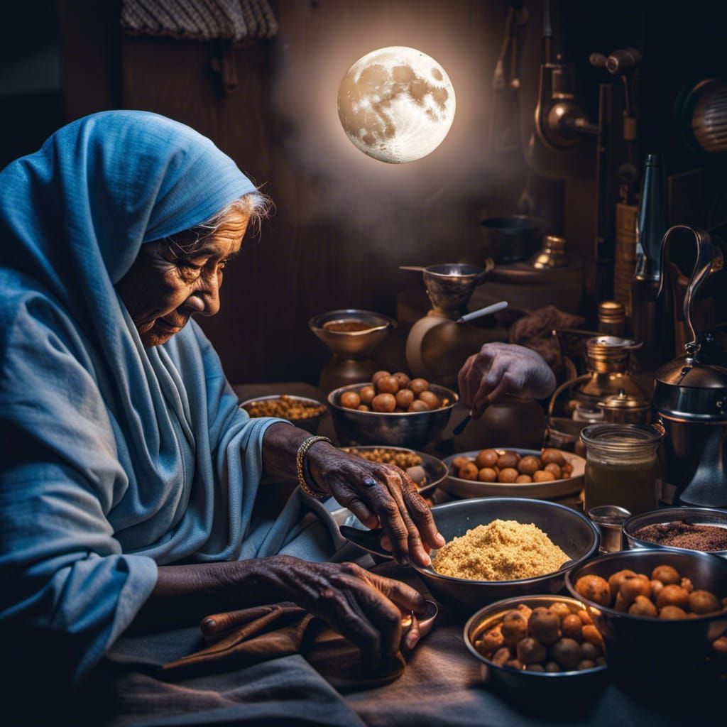 beautiful close up moon with blue light and indian grandma  ...