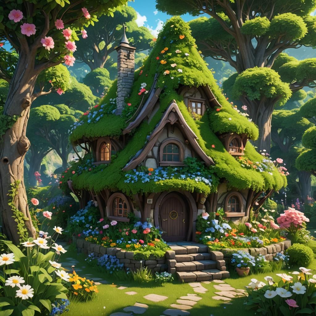 Cute fairy wizard hut with a flower garden marked off by hedges  by @aabAT