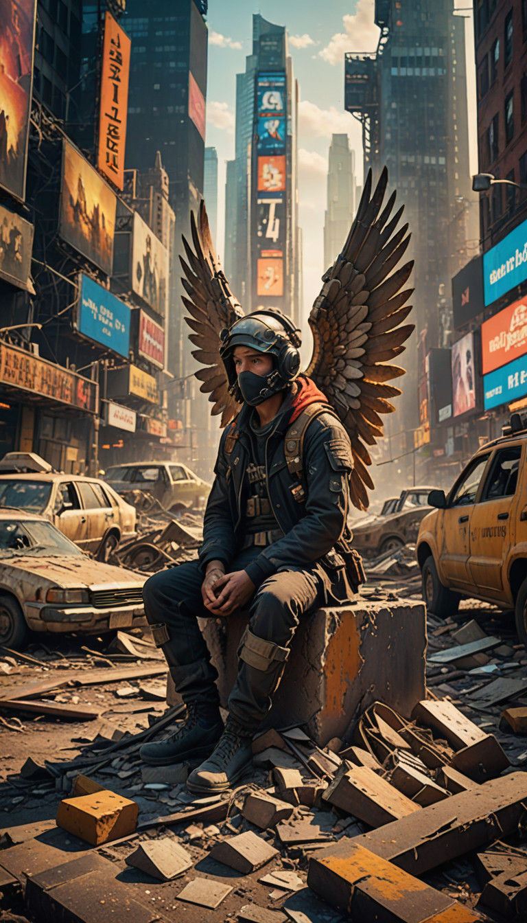 Post-apocalyptic angel sitting in the ruins of a massively damaged Times Square.  by @HiJinks