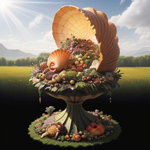 A gigantic Cornucopia in the shape of a nautilus shell fille...