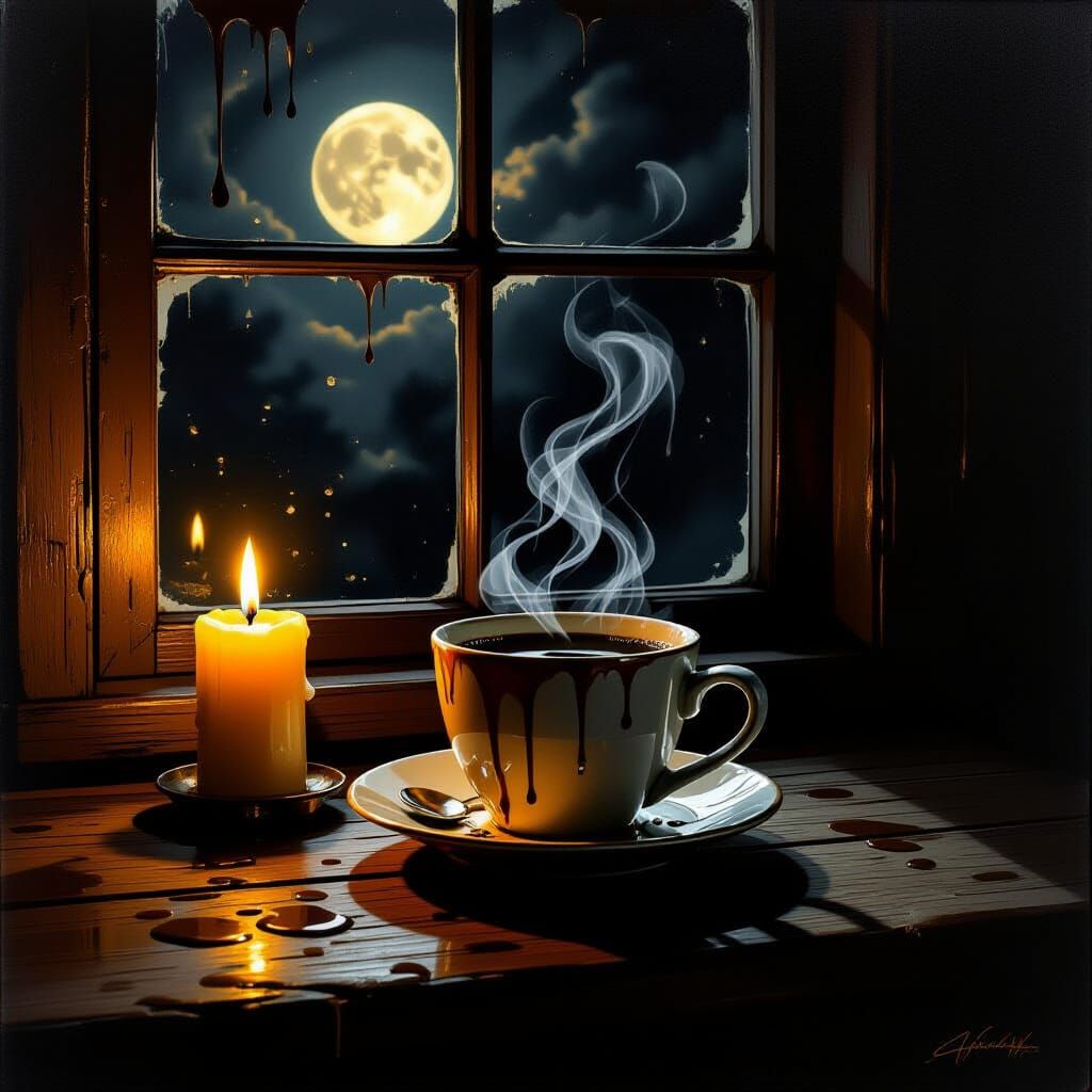 Steaming Coffee Cup with Candlelit Ambience in Chiaroscuro S...