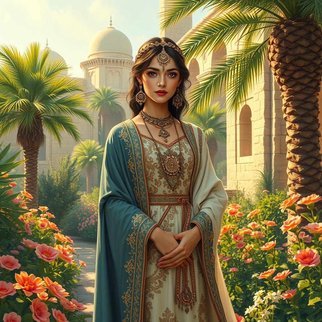 Elegant Woman in Traditional Middle Eastern Attire Amidst Lu...
