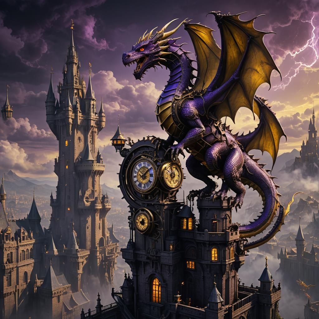 Steampunk Dragon Perched Atop Dark Castle