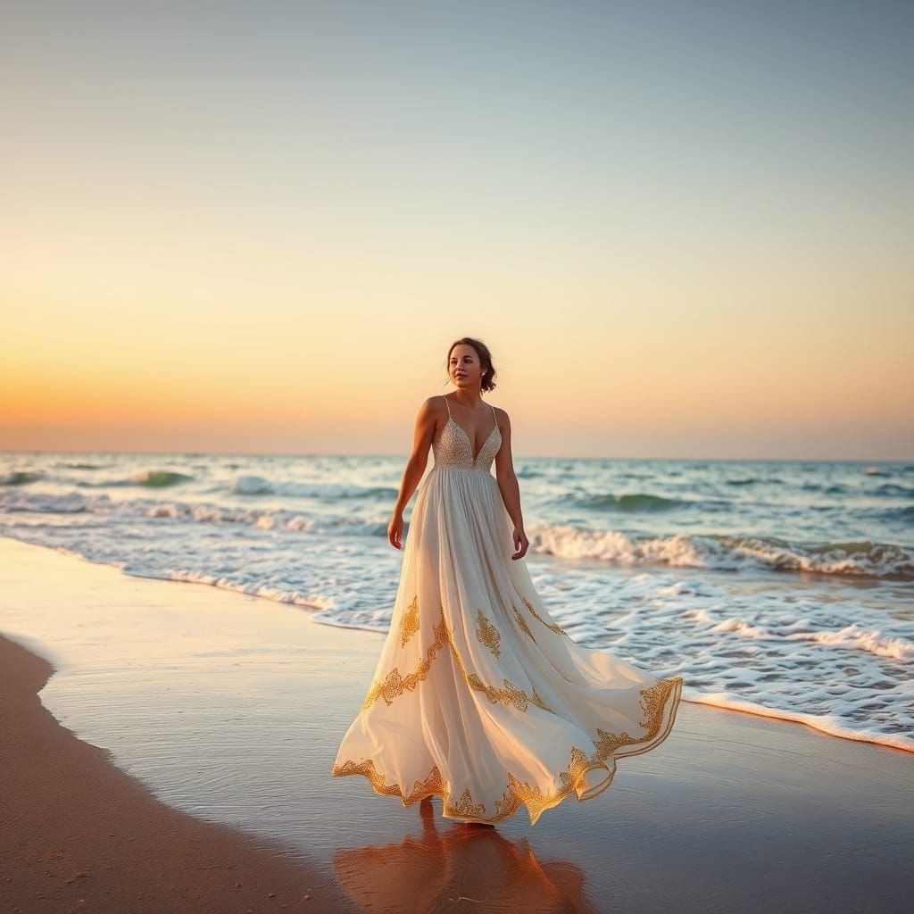 Woman in White Dress on Beach, Dreamy 3D Render