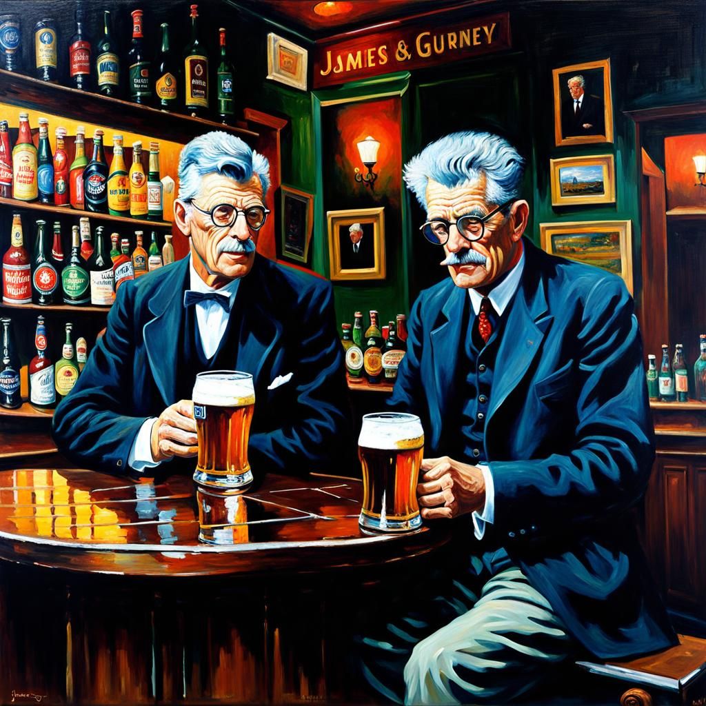 Samuel Beckett and James Joyce take a beer in a irish pub - AI ...