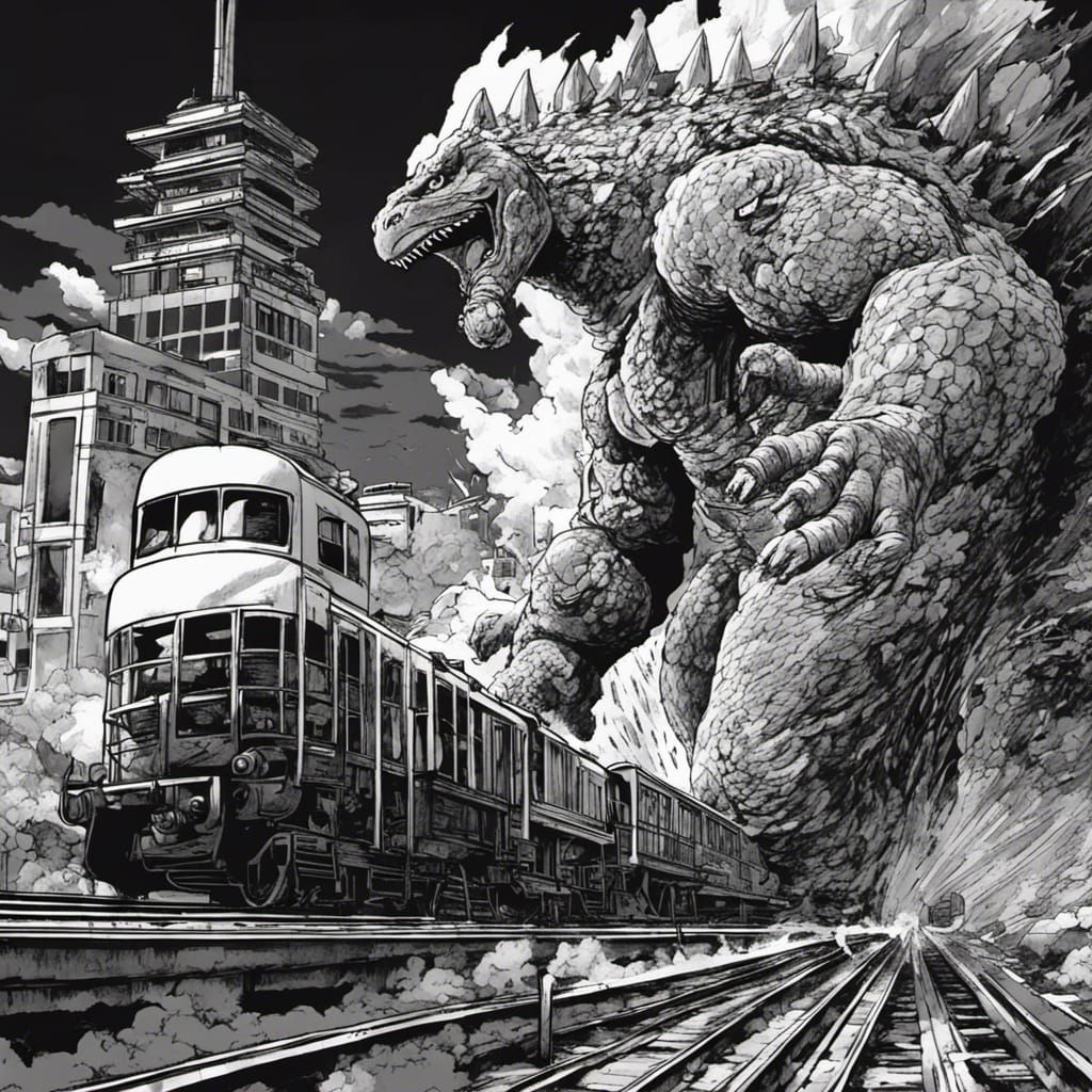 Japanese manga style black and white illustration of godzill...