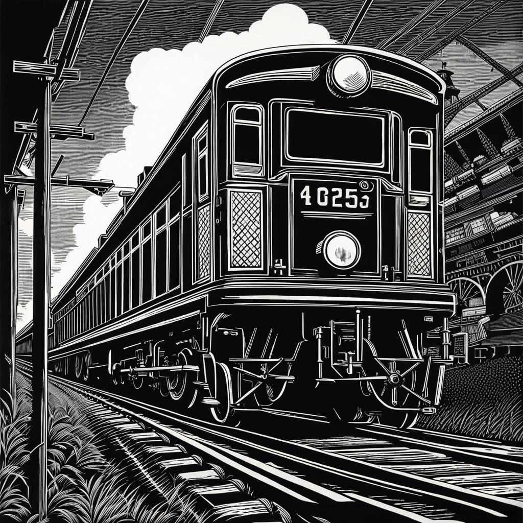 Black and white relief print of an old train