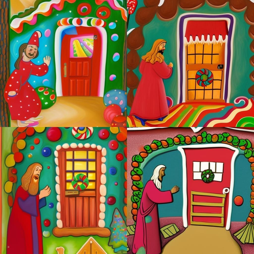 Jesus knocking on a Gingerbread House door vibrant colors Ca...