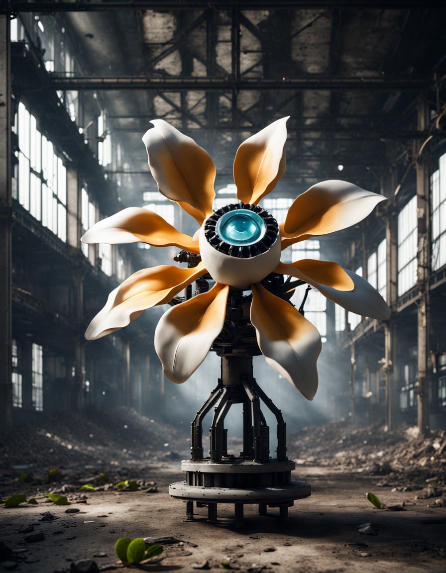 Robotic biomimicry mechanical Magnolia flower in dystopian a...