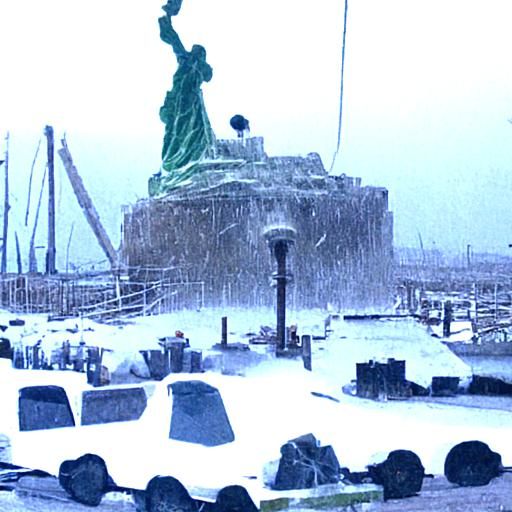 Snow falling on the Statue of Liberty