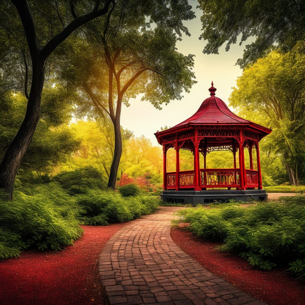 A red gazebo in a forest park, intricate details, HDR, beautifully shot, hyperrealistic, sharp focus, 64 megapixels, perfect composition, hi...