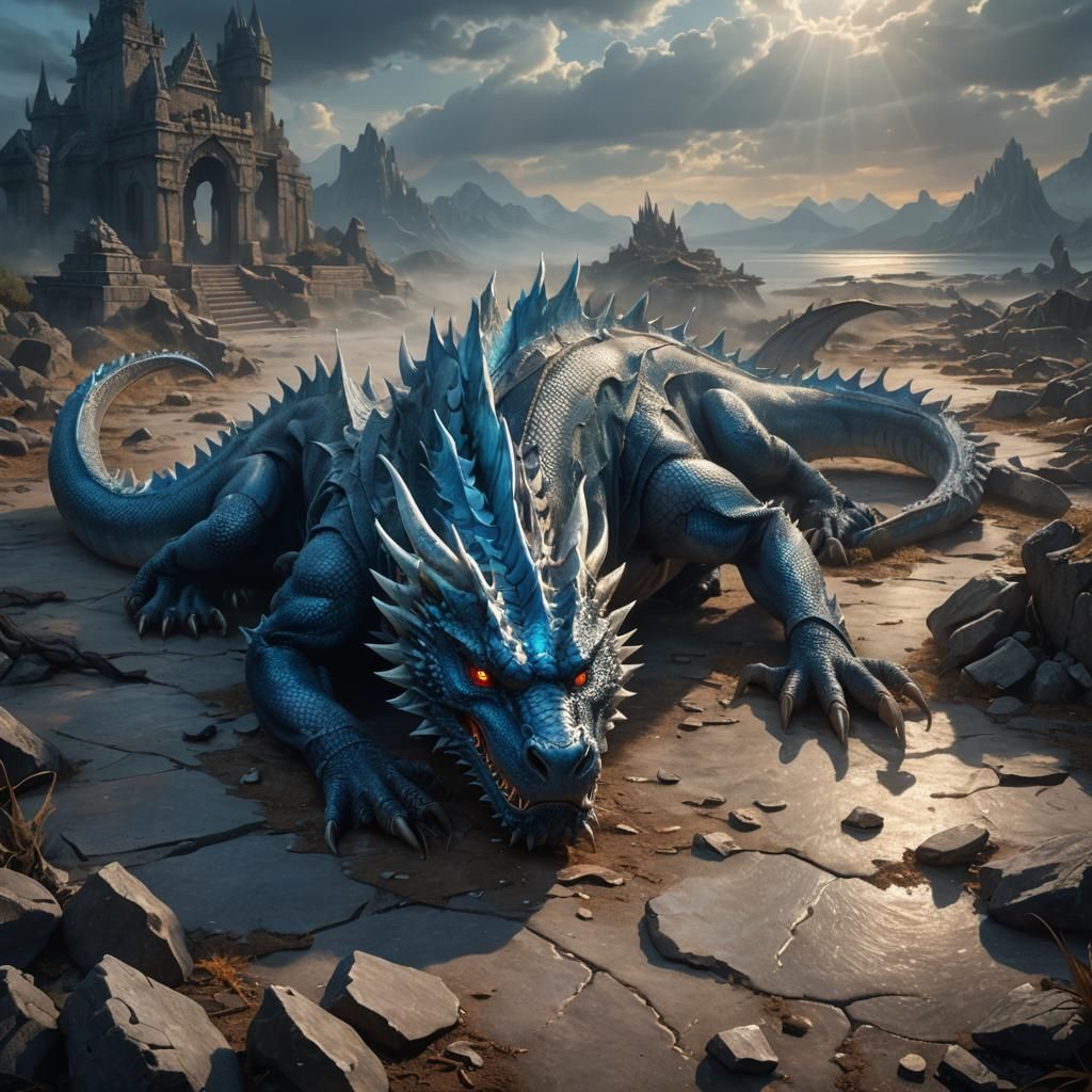 Frightening Blue Dragon Resting on Ground in Fantasy Art