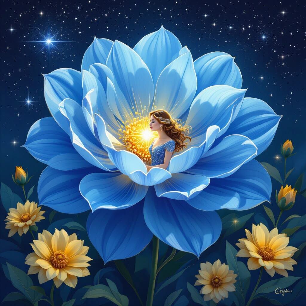 make a blue flower blooming with yellow flowers surrounding it, focus on the blue flower, and inside of it is a lady with yellow hair wearin...