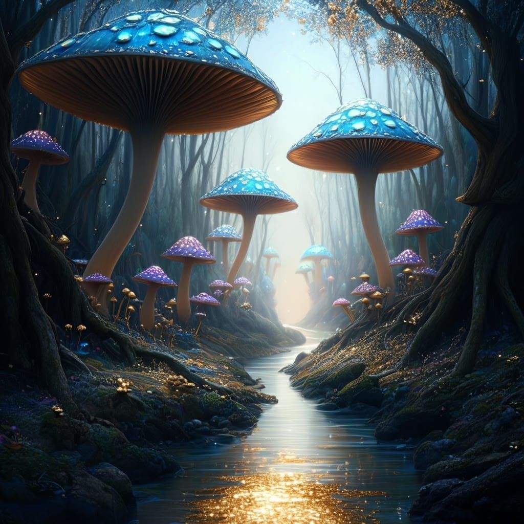 Mystical Valley with Giant Glowing Mushrooms
