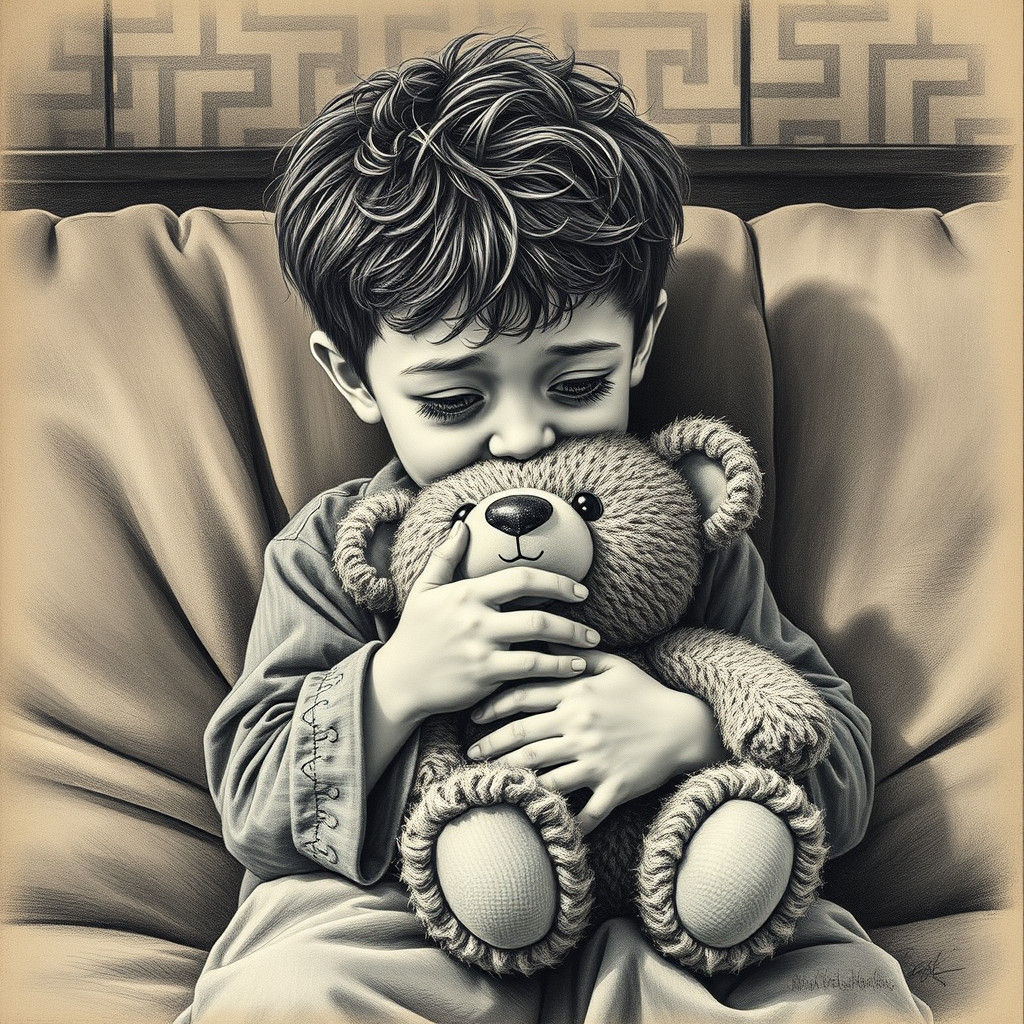 Sorrowful Boy with Teddy Bear, Charcoal Drawing