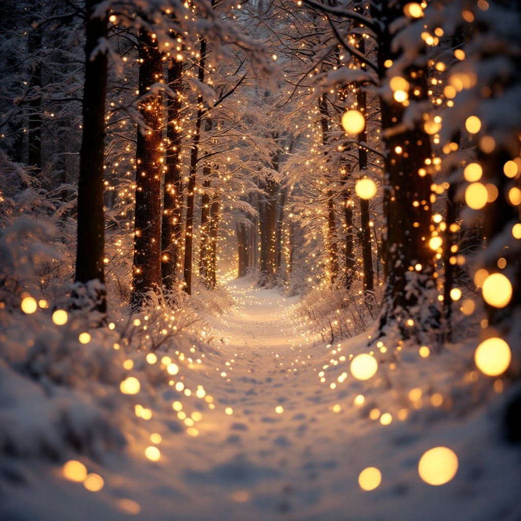 christmas snowy magical path with bokeh of lights wrapped on...