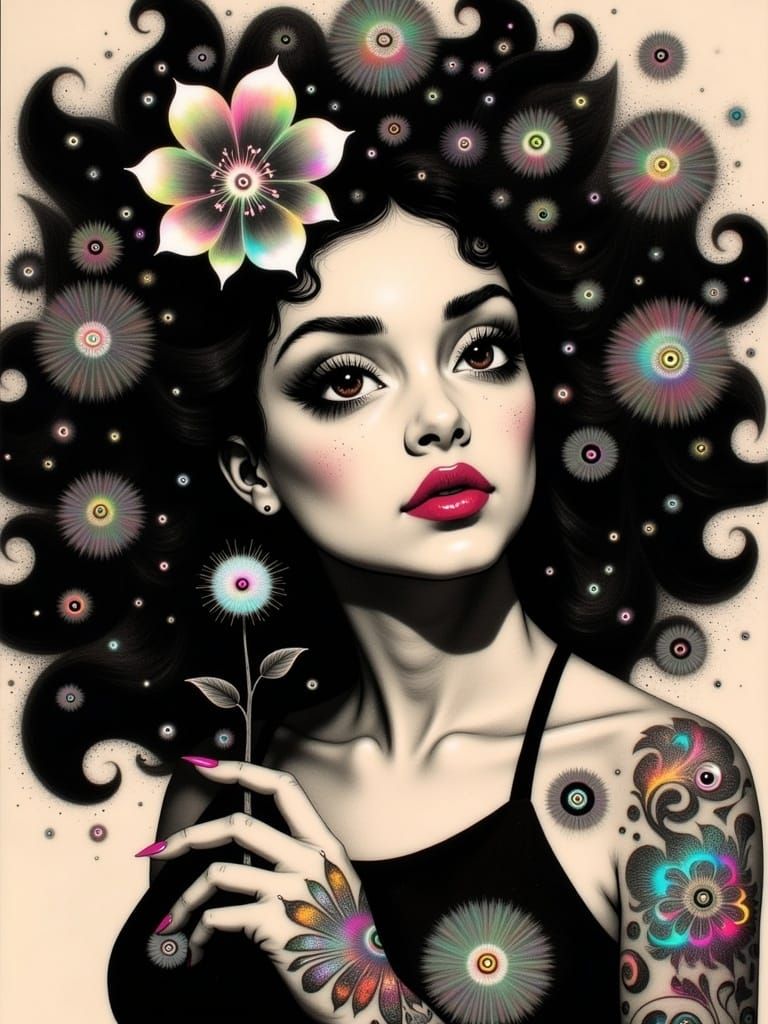 Diana Ross with Black and white iridescent tattoo collage sc...