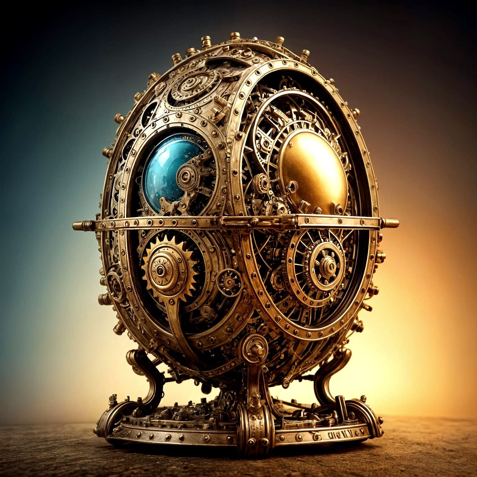 A mechanised,  steampumk, steam powered brass and metal egg made out of intricate web of cogs and wheels ...  by @Physarium