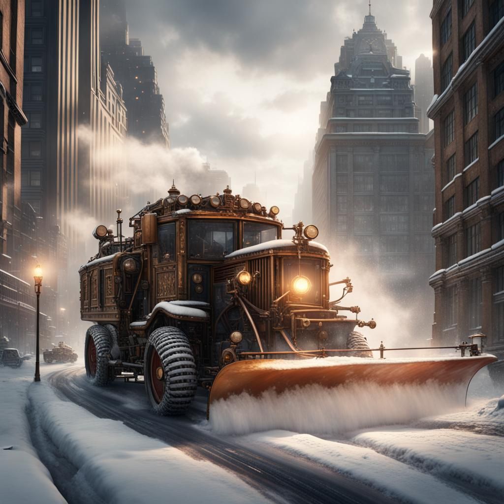 Steampunk snow plow blasting snow through middle of steampun...