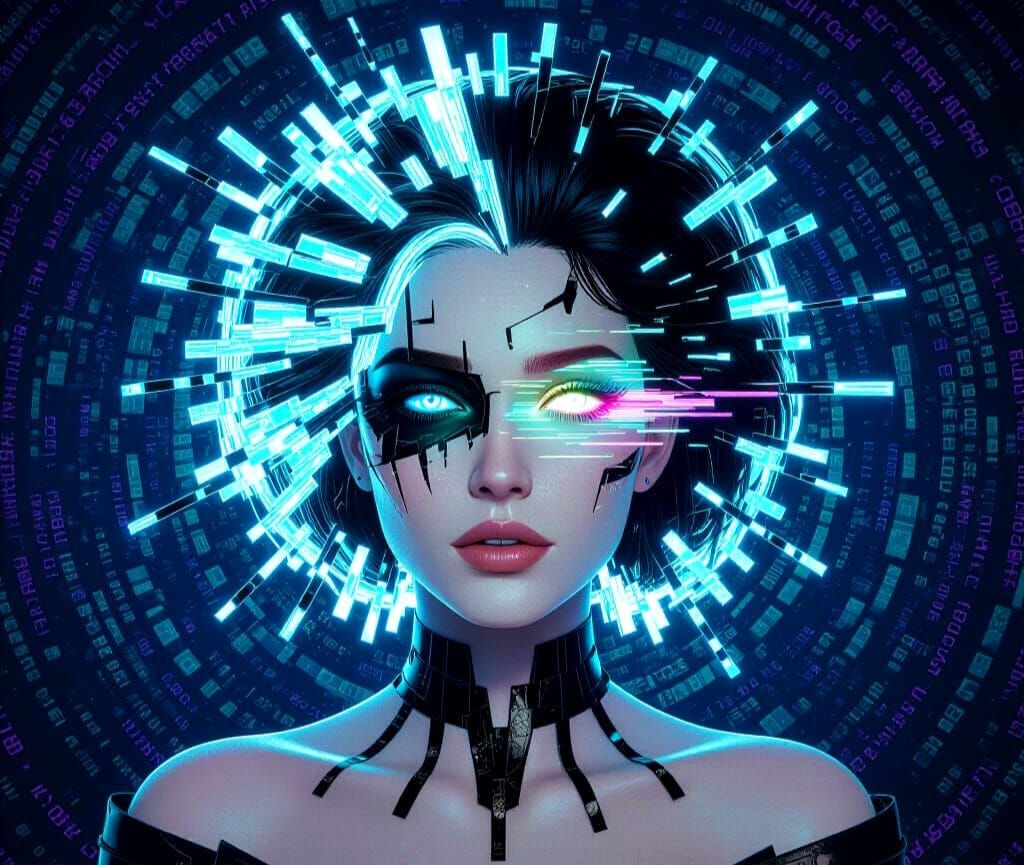 For the "Glitch Portraits" challenge: A portrait of a bioluminescent woman, her face distorted by digital glitches and chromatic aberrations...
