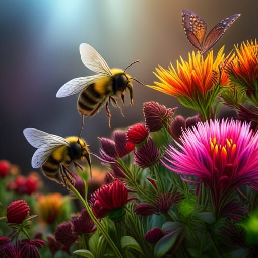 Bumble bees, flowers, butterflies, high resolution, red, yellow, black, green,   by @Irene