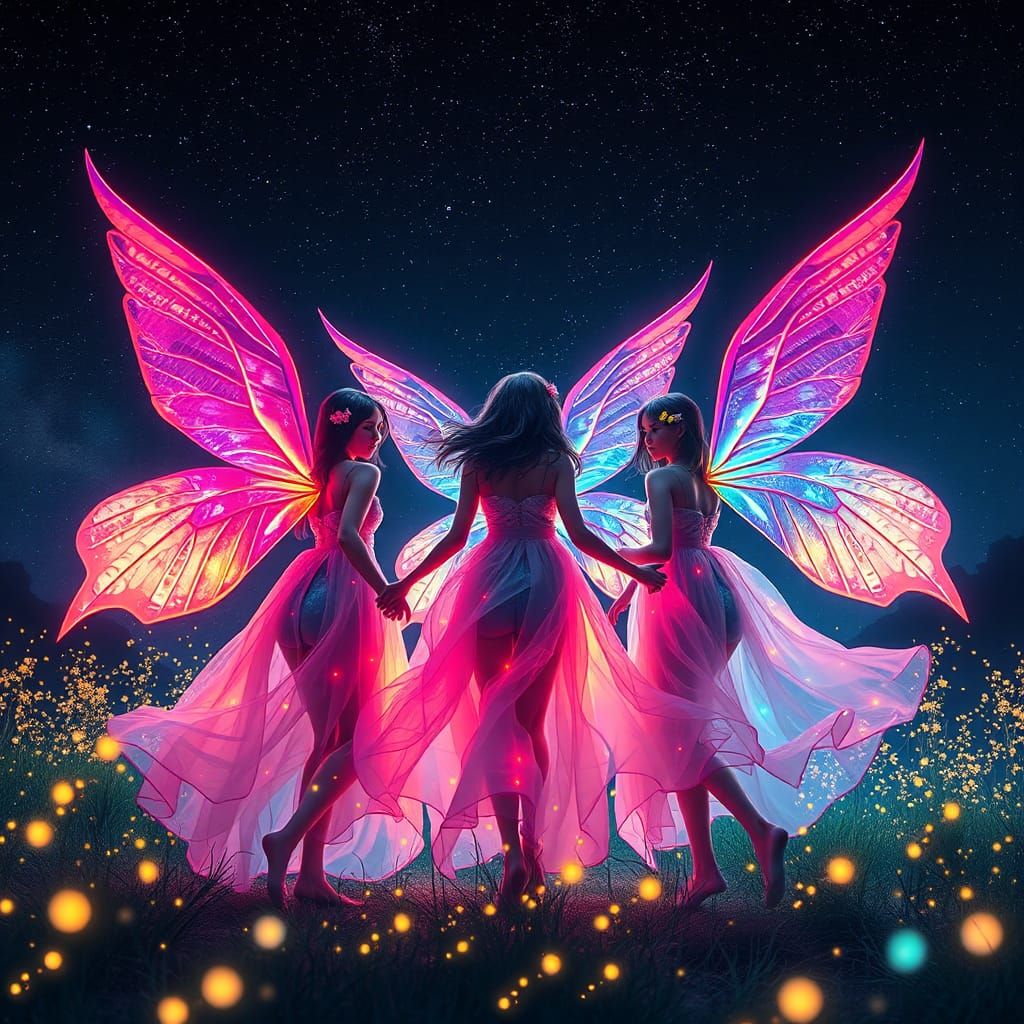three Girls dancing in the night with bright and colorful Florissant wings along with Fireflies Epic ...  by @Forsakenly Departed