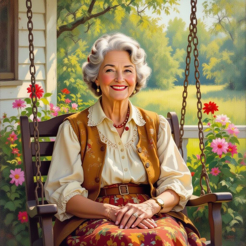 Nostalgic Woman on Porch Swing in American Realism Style