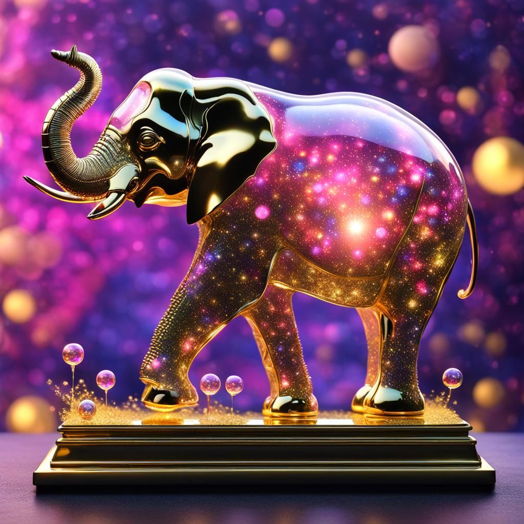 "The glass body of a pink elephant, with gold-plated interio...