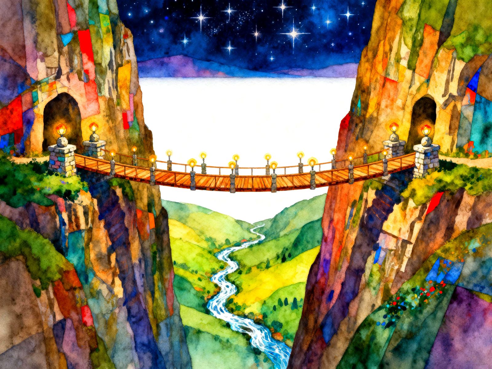Magical Fantasy Bridge Between Cliffs Under Starry Night