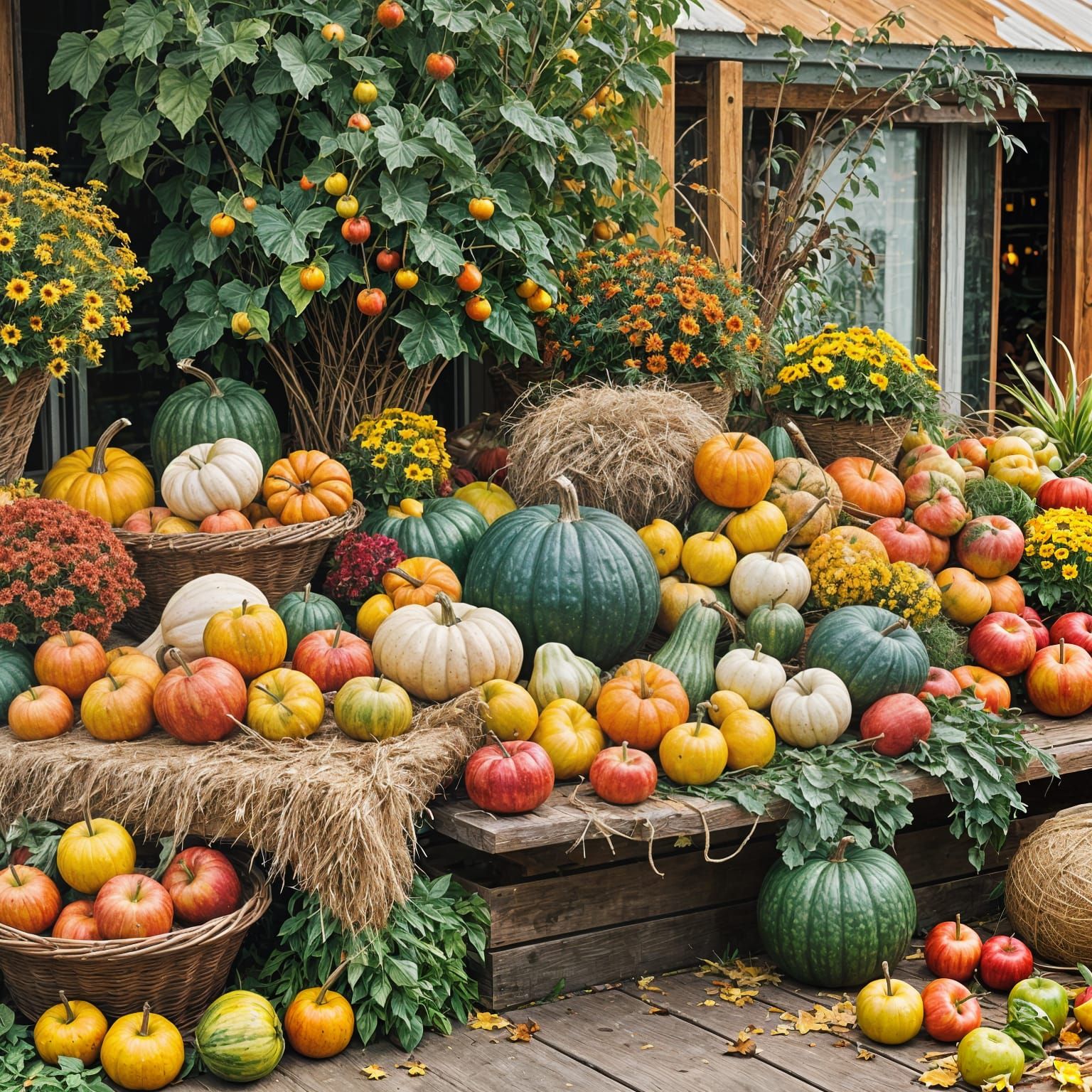 Gourds  on a grocery store hay display with colorful fall potted plants and apples.  by @posyrosie