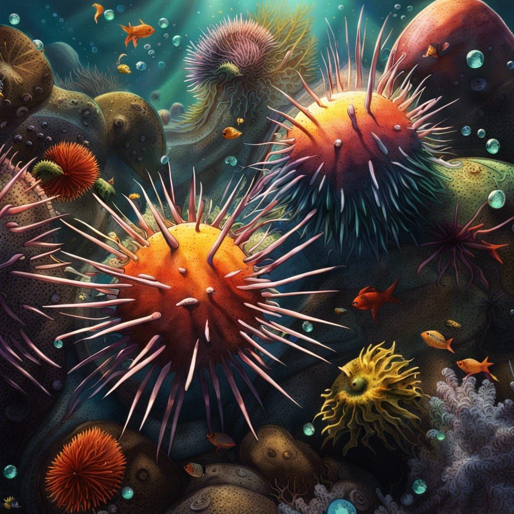 many sea urchins with long spikes, corals and seaweed, color...