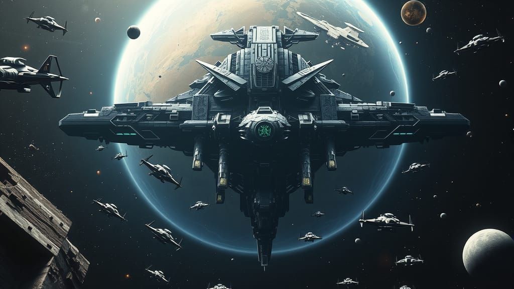 A monumental structure floating in orbit