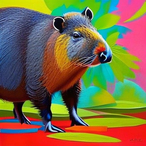 "Create a lively and colorful portrait of a capybara, captur...