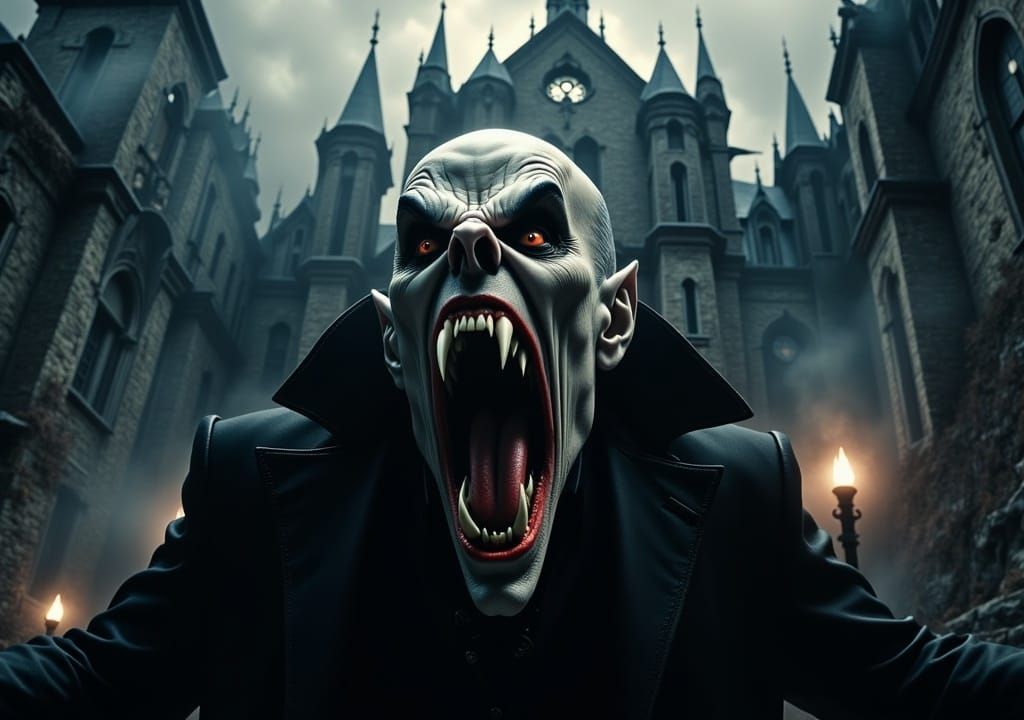 <lora:Vampire with fangs:1.0> Nosferatu vampire with huge incisor teeth showing in a scary gothic castle, Moody, horror, eerie, atmosphere,...