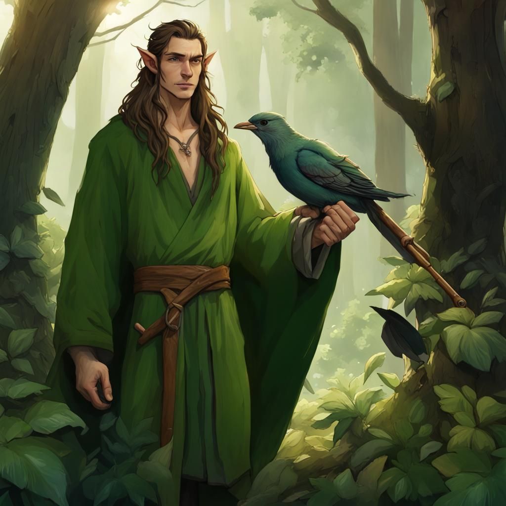 Half-elf druid with long brown hair with scratch scars on his arms ...