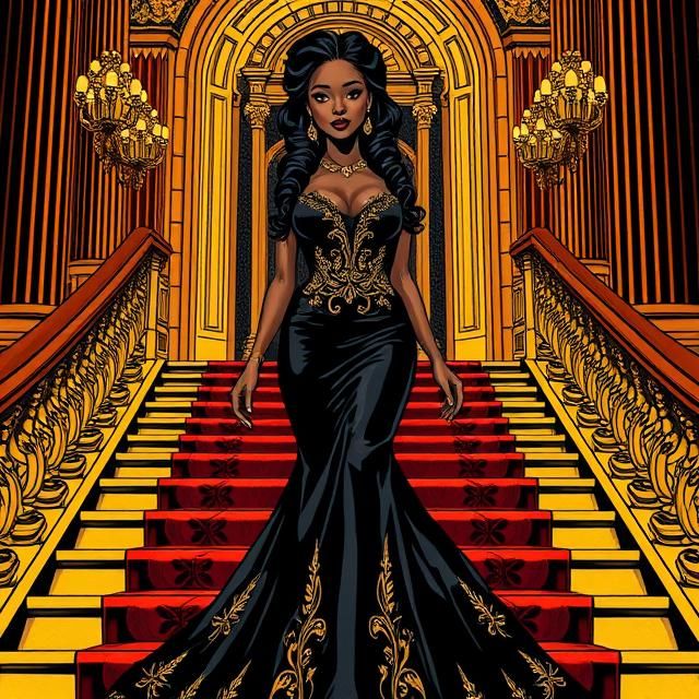BLACK FEMALE CINDERELLA WITH BRAIDED HAIR DRESSED IN A BLACK...