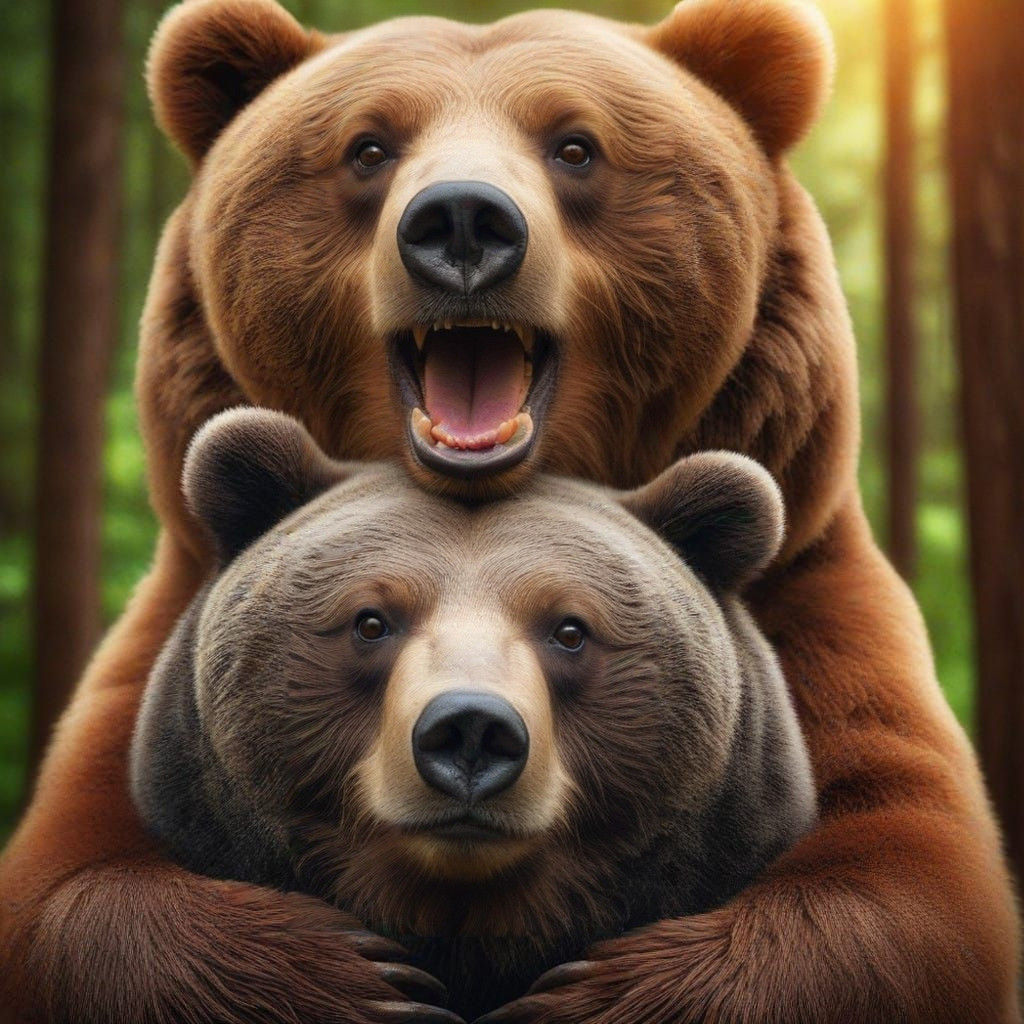 Photograph Duo Portrait: Excited eyed Obese Bear hugging an unimpressed Bear with an intense look; forest background;

