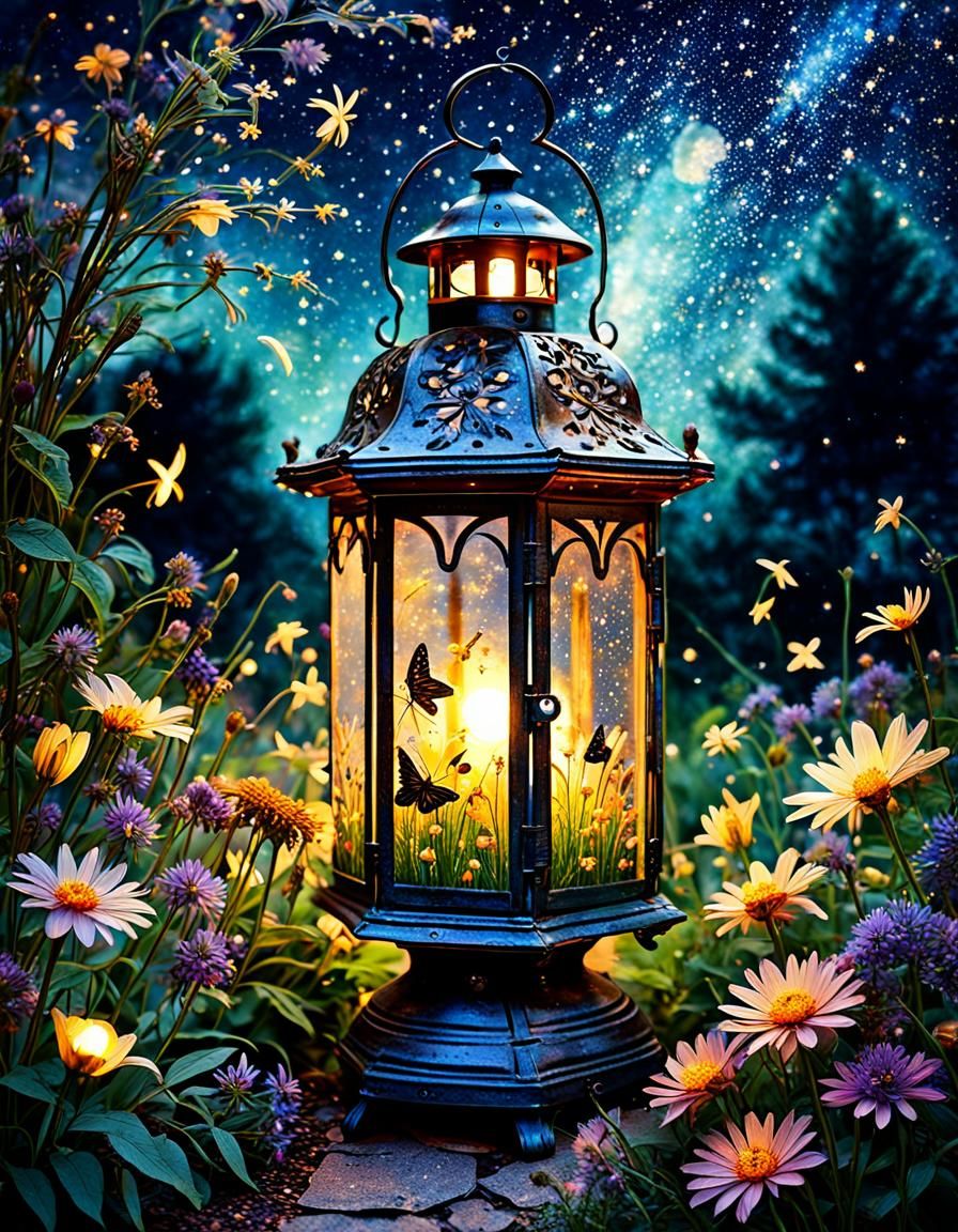 fireflies around a beautiful antique garden lantern,