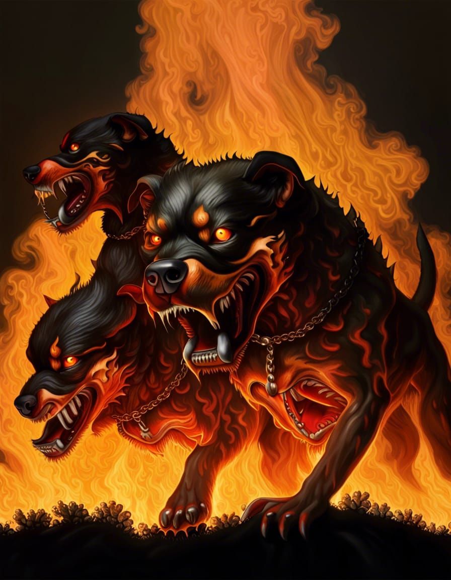 one body 3 headed cerberus, fire, photorealistic, realistic, realism ...