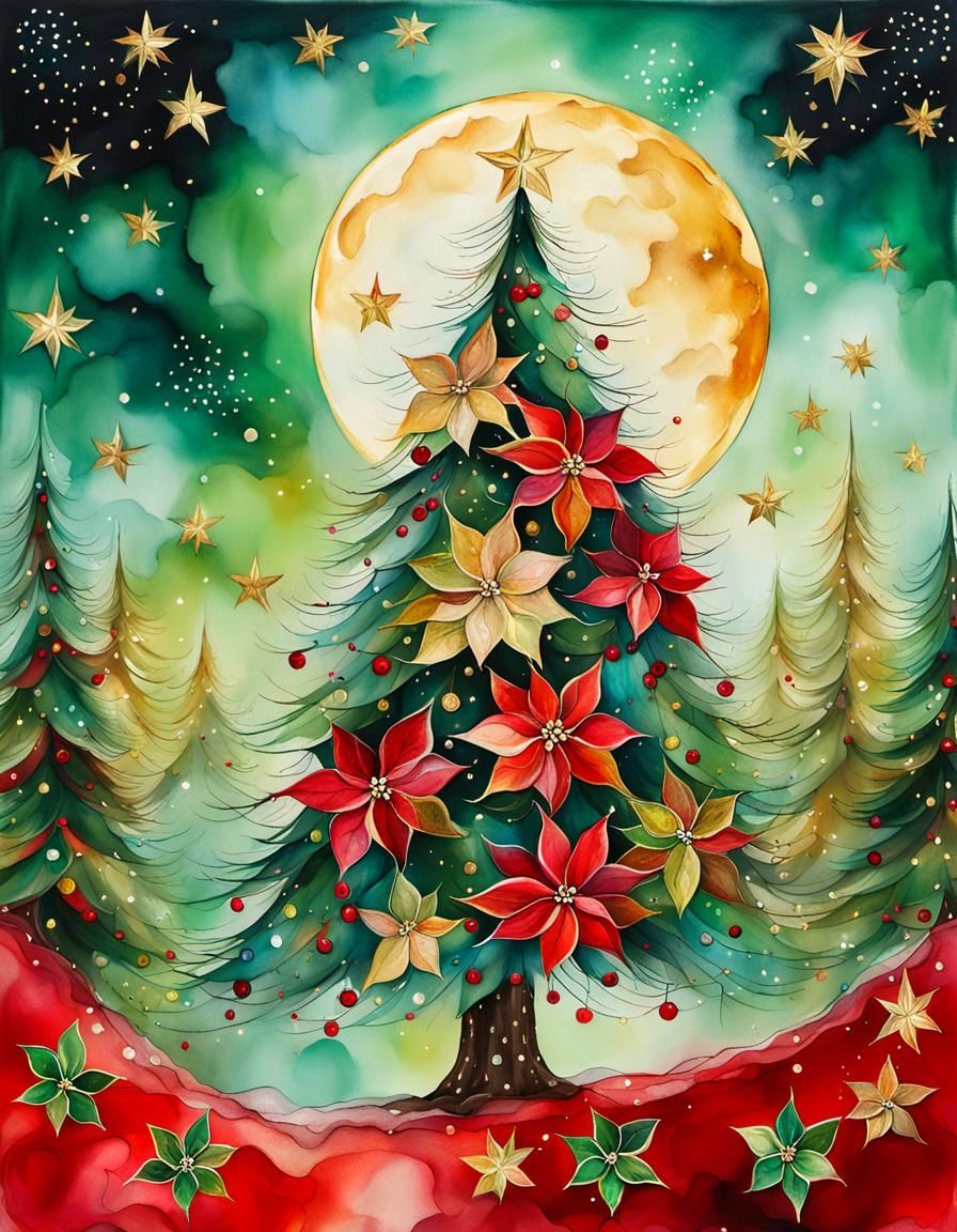 Alcohol Ink Painting: Christmas tree with poinsettia flowers  by @Dreamergirl 