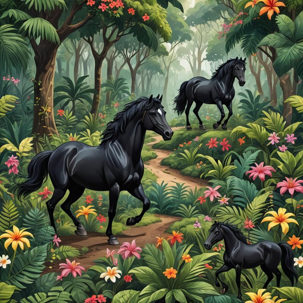 Black horses surrounded by tropical trees and flowers