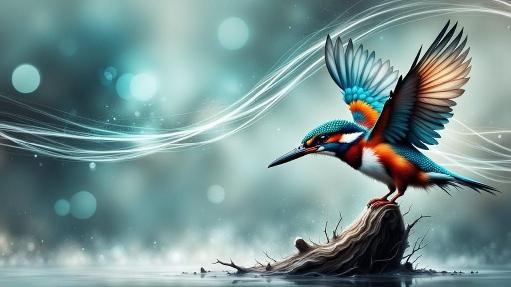 Digital painting of adorable fairytale Kingfisher diving in water, bathed in wisps and lines, long shutter speed by Russ Mills, a subtle fra...