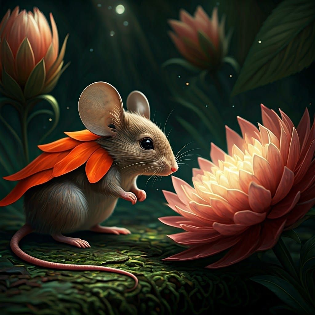 Mouse Smelling Flower in Dreamlike World