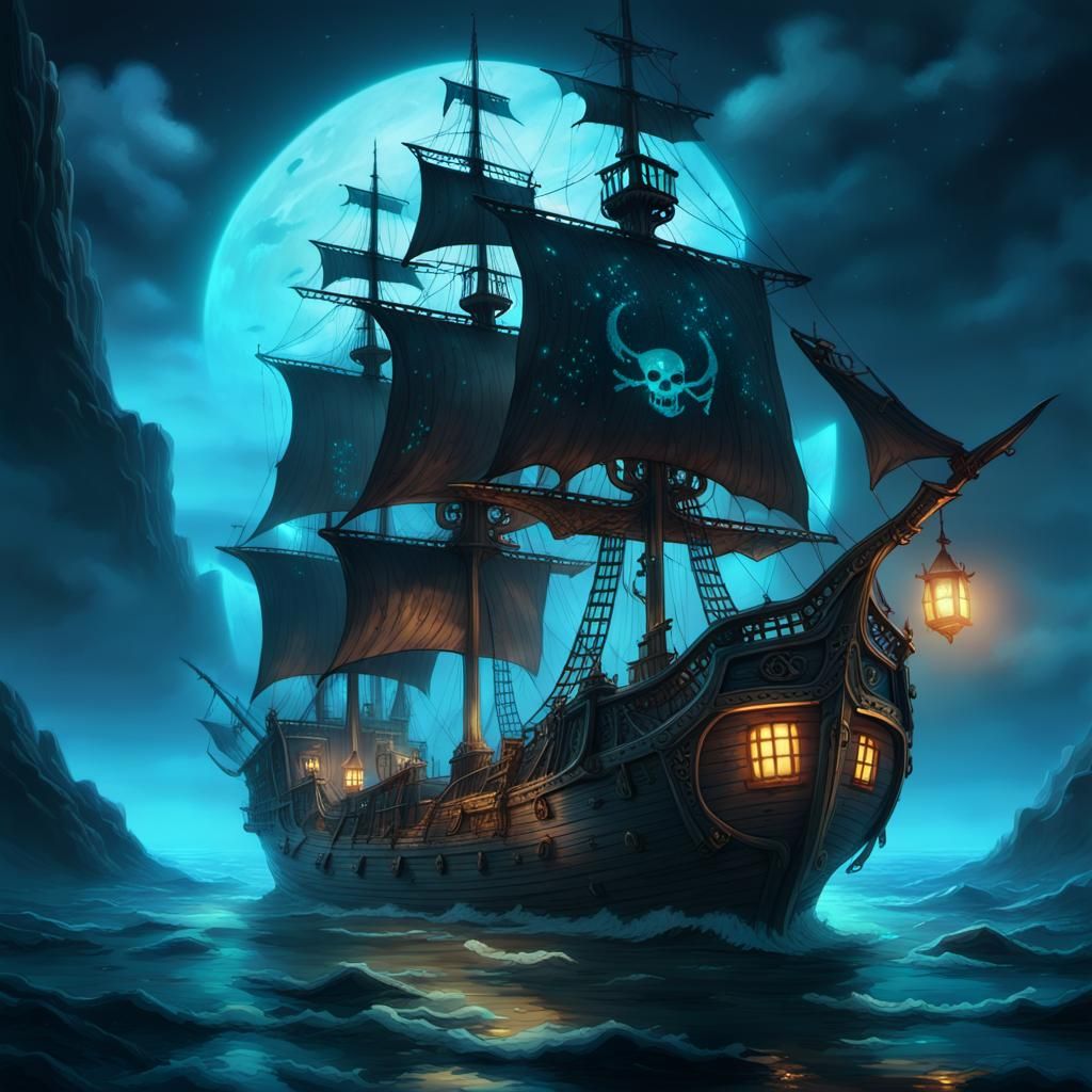 Pirate Ship on Mystical Ocean in Dark Fantasy Style