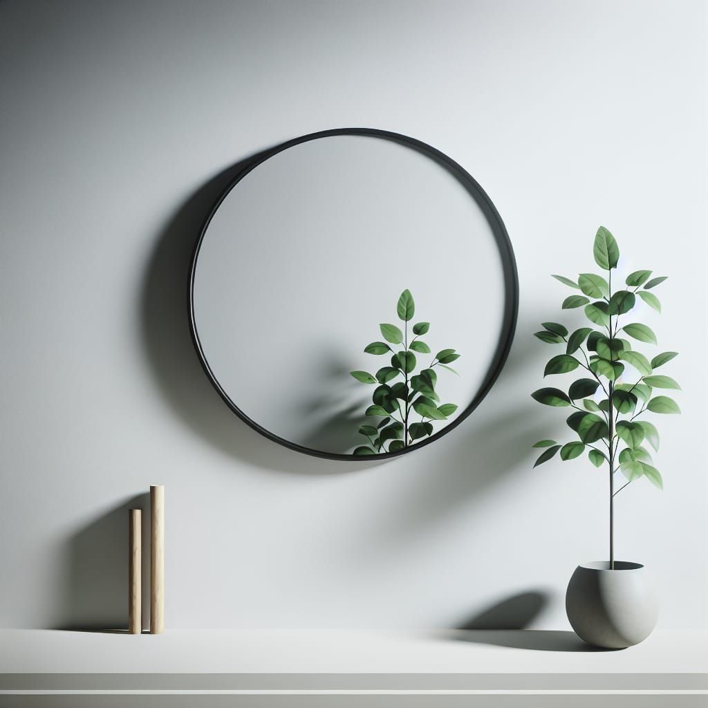 The layout includes a round mirror with a thin black frame m...